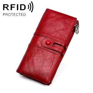 3520 Long Cowhide Leather Folding Anti-magnetic RFID Wallet for Ladies, with Card Slots