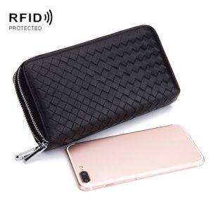 Luxury Sheepskin Weave RFID Wallet Bag, Double Zipper, Large Capacity - Anti-Theft