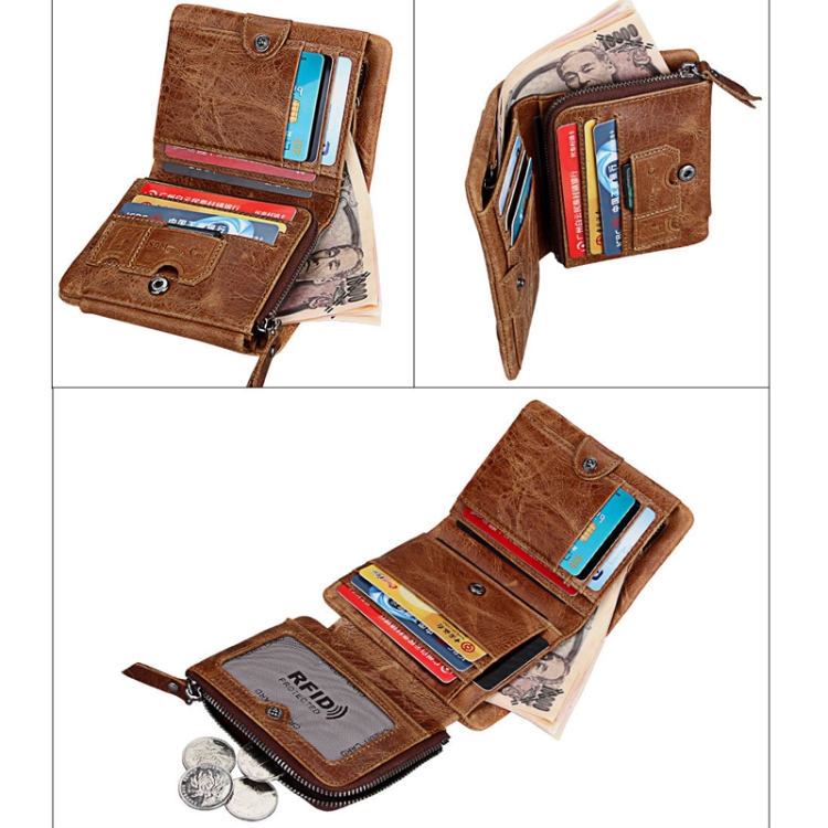 Genuine Leather RFID Blocking Wallet for Men, Crazy Horse Texture, Short Style, 3-folding Zipper Card Holder (Taupe) 5 Genuine Leather Rfid Blocking Wallet For Men, Crazy Horse Texture, Short Style, 3-Folding Zipper Card Holder (Taupe) - Image 5