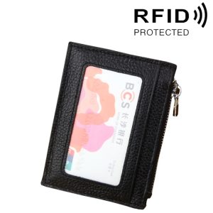 Cowhide Leather RFID Blocking Card Holder Wallet, Zipper Coin Purse, 11*8*1.5cm
