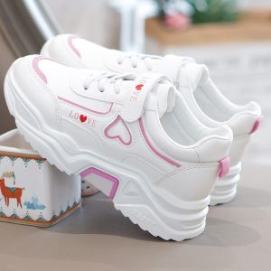 White and pink love-themed chunky sneakers for women with heart and love details, trendy casual footwear for summer, stylish athletic shoes for fashion-forward looks.