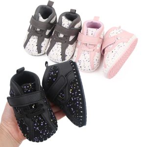 Colorful baby sneakers in gray, pink, and black with speckled design, ideal for toddler comfort and style from Syndmart.