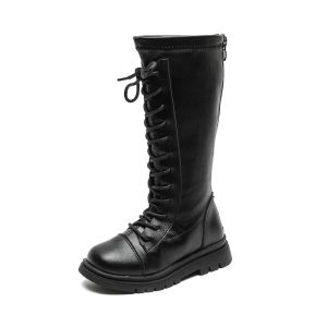 Black knee-high lace-up leather boot with sturdy sole, perfect for fashion and outdoor wear. Stylish and durable design suitable for winter and casual outfits.