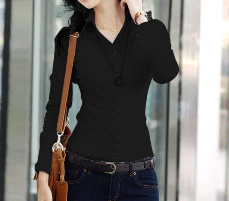Elegant Women's Slim Fit Professional Shirt - Long-Sleeved Tailored Style 3 Woman Wearing A Black Long-Sleeve Button-Up Shirt With A Collar And A Brown Shoulder Bag.