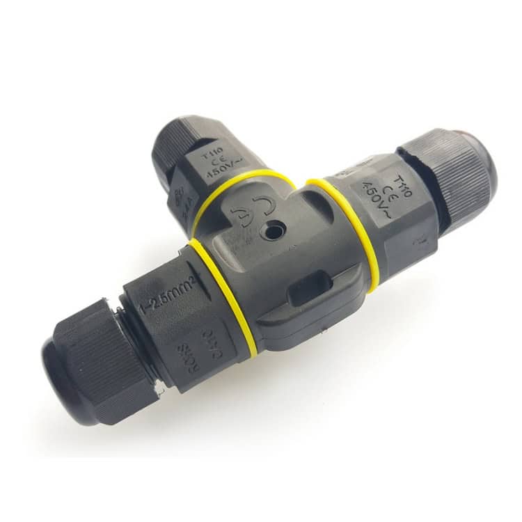XYT21 Waterproof 3 Pin T-type Cable Connector - Secure Connectivity 5 Clamp Connector For Industrial Electrical Wiring, Durable Plastic Build With Yellow Sealing Rings For Secure Connections, Used In Electrical Assemblies And Power Systems.