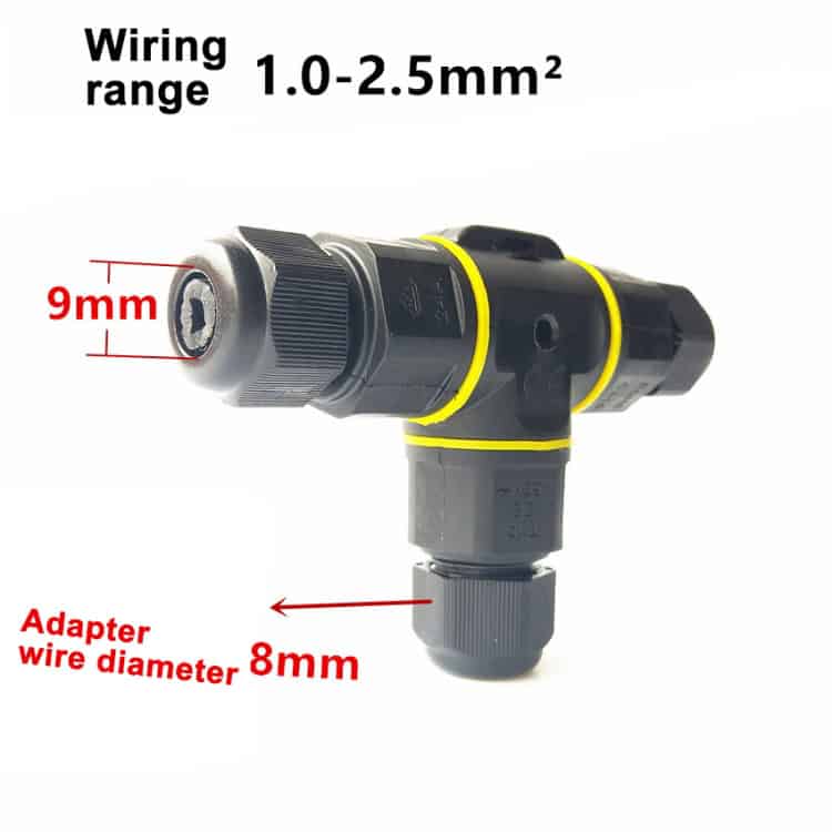XYT21 Waterproof 3 Pin T-type Cable Connector - Secure Connectivity 7 High-Quality Wire Connector For Electrical Wiring, Suitable For 1.0-2.5Mm² Cable Size, With 8Mm Wire Diameter And 9Mm Connection Port, Ideal For Secure And Efficient Electrical Connections.
