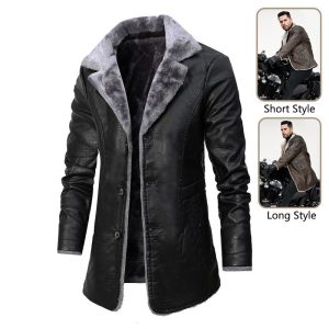 Warm black leather coat with grey faux fur collar, stylish and suitable for winter wear, available in short and long styles for motorcycle riding and casual fashion.