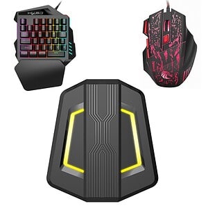 RGB gaming keyboard with backlit keys and mechanical switches, sleek gaming mouse with ergonomic design and LED lighting, futuristic gaming mouse pad with vibrant yellow accents, perfect for esports and gaming setups.
