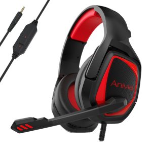 Wireless gaming headset with microphone for PC and consoles, noise-canceling over-ear headset, fast charging, comfortable fit, black and red design, compatible with Sony PS4, Xbox One, and PC.