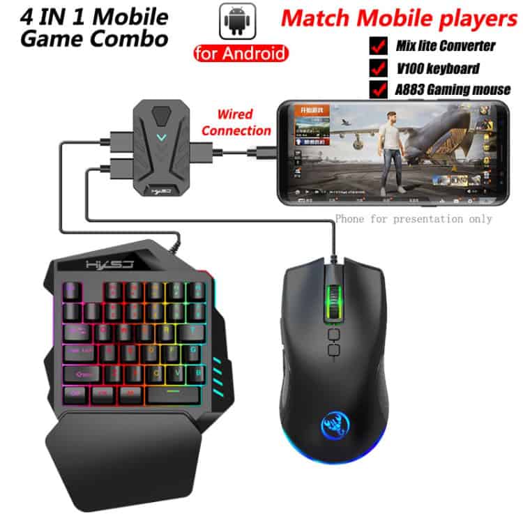 Ultimate HXSJ Gaming Combo: Keyboard Mouse Converter, One-handed Keyboard, Gaming Mouse 2 4-In-1 Mobile Game Controller With Wired Connection, Compatible With Android Devices, Includes H900 Keyboard, A883 Gaming Mouse, Perfect For Mobile Gaming Setups.