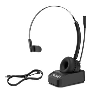 Wireless headset with microphone for gaming and calls, charging dock included.