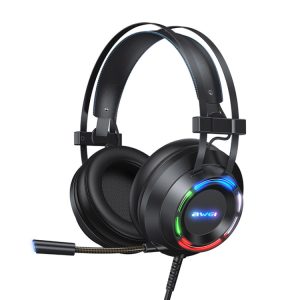 Wireless gaming headset with colorful RGB lighting, noise-canceling microphone, and comfortable over-ear design for immersive gaming experience. Perfect for online multiplayer and streaming.