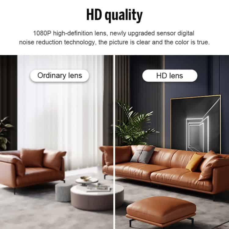 X10 HD Infrared Night Vision Camera with WiFi & Base - Sleek Surveillance Solution 3 Super Hd Lens Comparison Demonstrating The Difference Between Ordinary And Hd Lenses In Home Interior Photography For Enhanced Clarity And Color Accuracy.