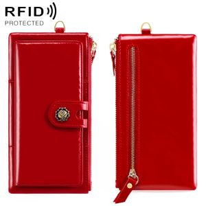 Red wallet with RFID protection and a zipper compartment, featuring a floral design on the clasp.