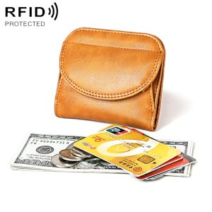 Brown RFID protected wallet containing cash and several credit cards on a white background.