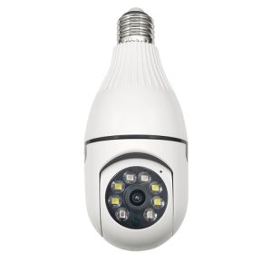 Security camera with LED lights, white bulb-shaped surveillance device for home security and monitoring systems, HD video recording with night vision, ideal for safety and surveillance needs.