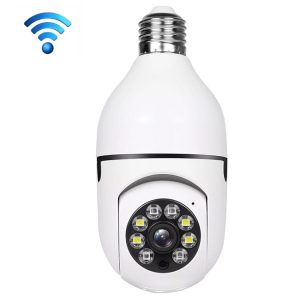 Wireless security camera bulb with LED lights and camera lens for smart home surveillance.