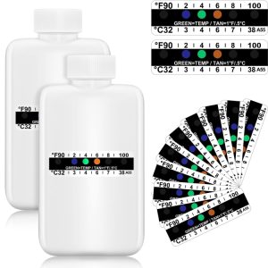 Two white digital temperature indicator bottles with black and color-coded temperature strips, used for monitoring precise temperature conditions in various settings.