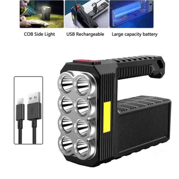 Adventure-Ready: Ultra Bright 8 LED Waterproof Camping Flashlight 1 Portable Led Flashlight With Cob Side Light, Usb Rechargeable Battery, And High-Capacity Power Bank For Outdoor Camping, Emergency Use, And Versatile Lighting Solutions.