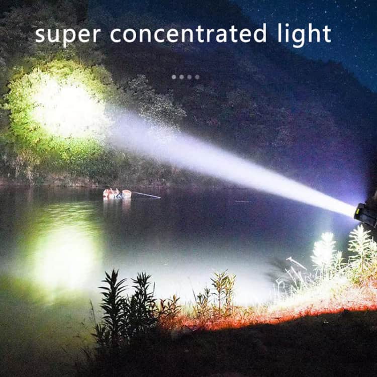 Adventure-Ready: Ultra Bright 8 LED Waterproof Camping Flashlight 9 Super Concentrated Light Beam Illuminating A River At Night For Outdoor Adventure Lighting.