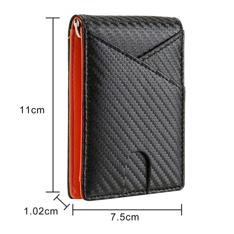 Sleek Carbon Fiber Business Wallet: Professional Elegance for Men 2 Black Card Holder Wallet With Orange Interior And Dimensions Displayed.