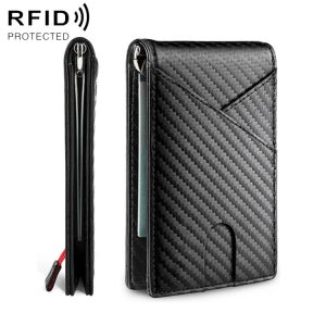 Black RFID protected card holder with a carbon fiber design and a zipper closure.