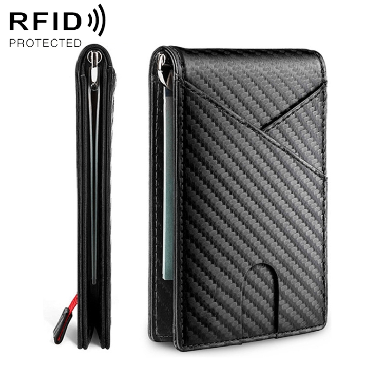 Sleek Carbon Fiber Business Wallet: Professional Elegance for Men 1 Black Rfid Protected Card Holder With A Carbon Fiber Design And A Zipper Closure.