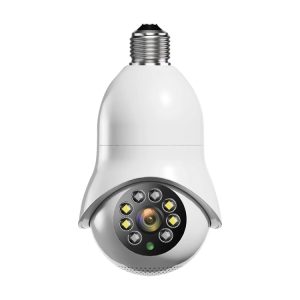 Wireless security camera with light bulb socket base, night vision, and 360-degree monitoring for home surveillance, real-time video, and remote access.