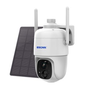Solar-powered security camera with wifi connectivity and solar panel for outdoor surveillance, offering remote monitoring and enhanced security.