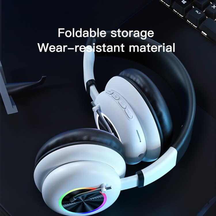 Foldable Wireless Headset with Mic - T&G KE-29 | Clear Sound, Comfort Fit 5 White Over-Ear Headphones With Rgb Lighting And Control Buttons On The Side.