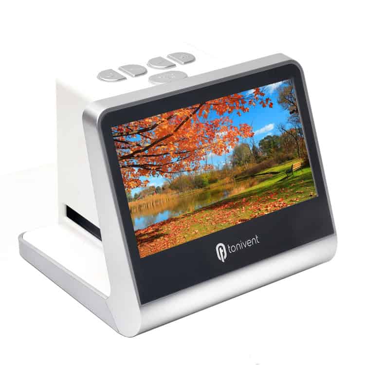 Tonivent TON170 14MP 5" HD Film Scanner – High-Resolution Scanning Brilliance 1 Digital Photo Frame Displaying An Autumn Scene With Colorful Leaves And A Lake.