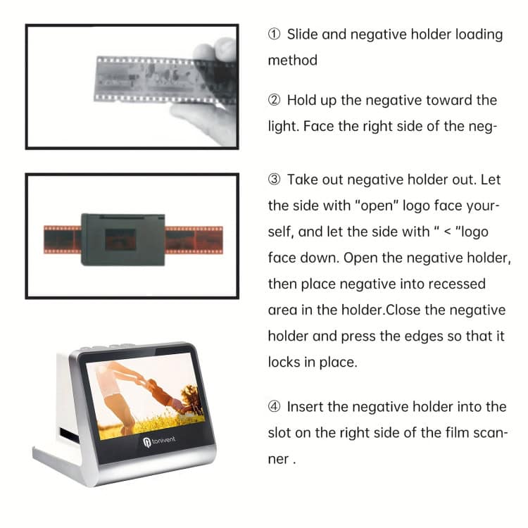 Tonivent TON170 14MP 5" HD Film Scanner – High-Resolution Scanning Brilliance 12 Step-By-Step Instructions For Using A Film Negative Scanner With Images Of The Device And Film Holder.
