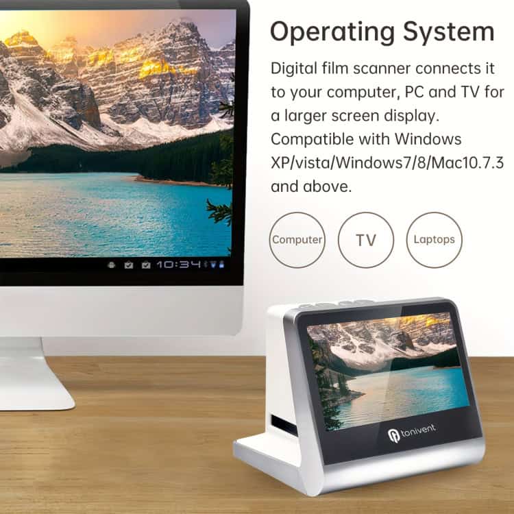 Tonivent TON170 14MP 5" HD Film Scanner – High-Resolution Scanning Brilliance 13 Digital Film Scanner Connected To A Computer Displaying A Scenic Landscape On Its Screen.