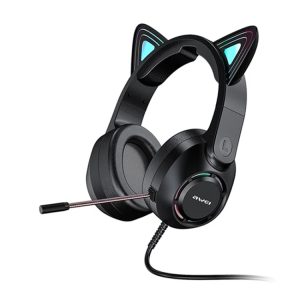 Black Gaming Headset With Cat Ears And A Detachable Microphone, Featuring Rgb Lighting.