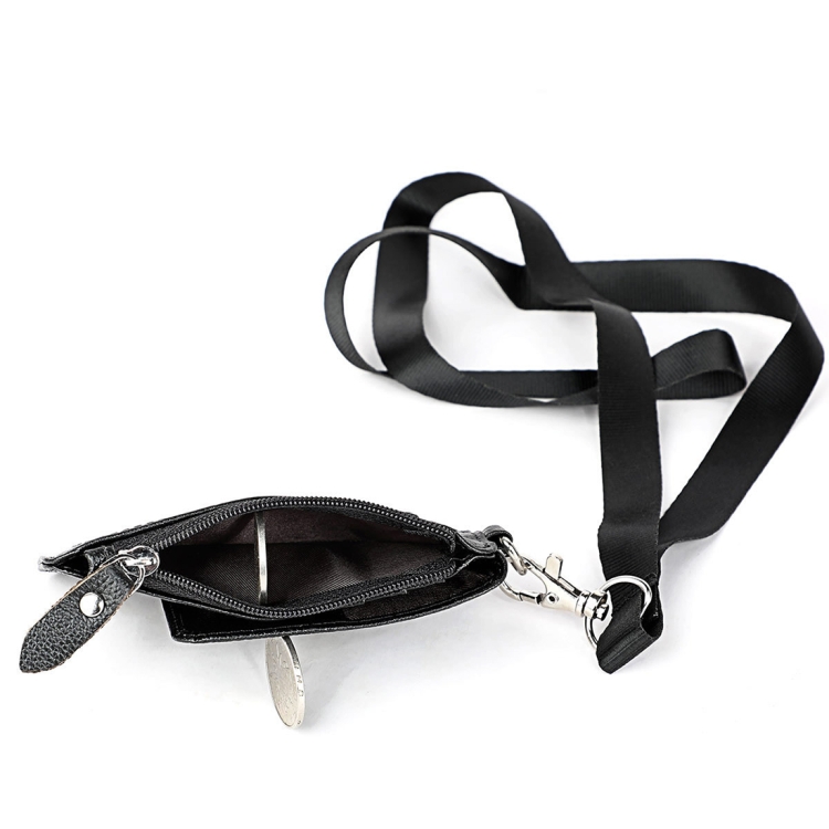 RFID Leather Card Holder Office Work Certificate Case - Antimagnetic KB172 6 Black Leather Zip Wallet With A Strap, Showing The Interior And Zipper.