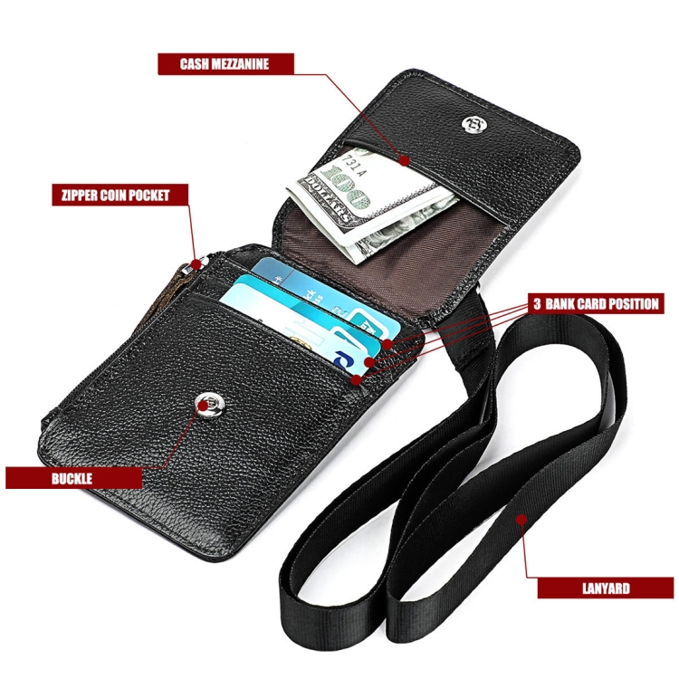 RFID Leather Card Holder Office Work Certificate Case - Antimagnetic KB172 8 Black Leather Wallet Opened To Show Cash, Cards, And A Lanyard For Carrying.