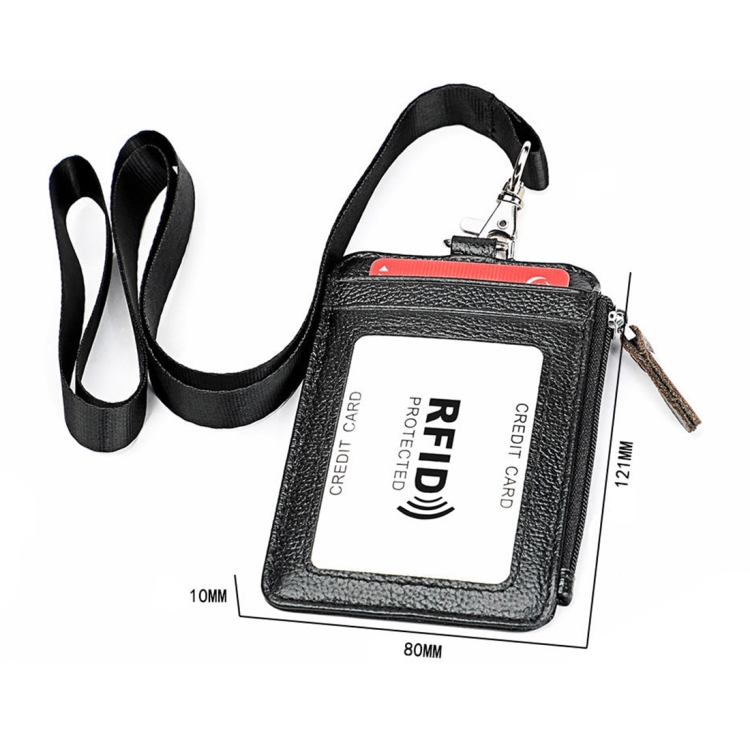 RFID Leather Card Holder Office Work Certificate Case - Antimagnetic KB172 9 Black Rfid Protected Card Holder With A Lanyard And Dimensions Displayed.