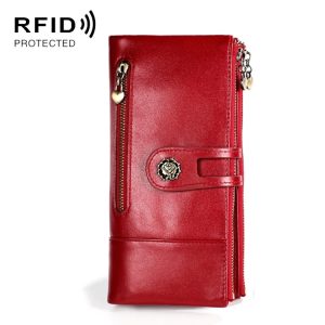 Red wallet with RFID protection and multiple zippered compartments for cards and cash.