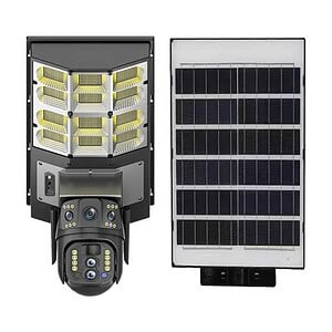 High-efficiency solar-powered LED street lighting system with solar panel and smart camera for outdoor security.