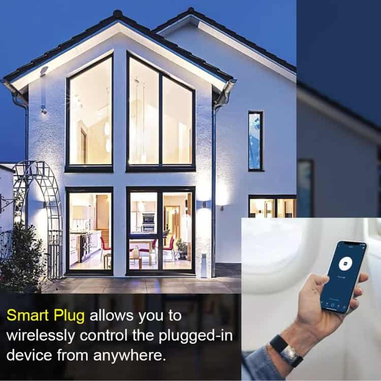 Home Upgrade: AK-DL220 220V Remote Control Socket - Wirelessly Operated, Smart Tech 11 Smart Plug Device Being Controlled Via A Mobile App In A Hand, With A Modern House In The Background.