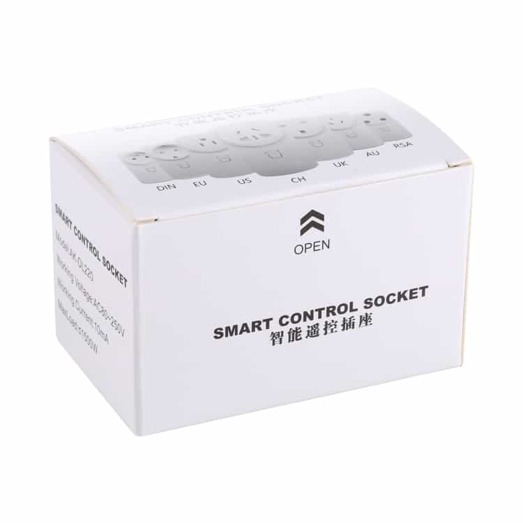 Home Upgrade: AK-DL220 220V Remote Control Socket - Wirelessly Operated, Smart Tech 8 White Packaging Box For A Smart Control Socket With Various Plug Types Indicated On The Front.