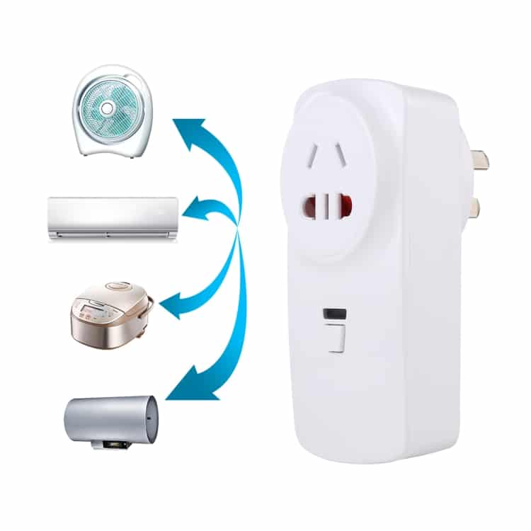 Home Upgrade: AK-DL220 220V Remote Control Socket - Wirelessly Operated, Smart Tech 9 White Electrical Power Adapter With Multiple Device Icons Indicating Compatibility.