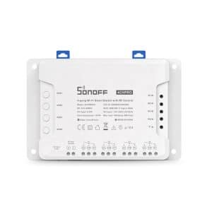 Sonoff 4CH Pro smart Wi-Fi switch with multiple connection ports and buttons.