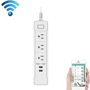 Smart power strip featuring three AC outlets and two USB ports for charging devices.