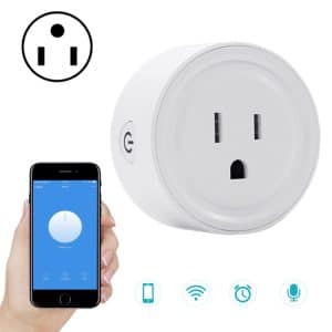 White smart Wi-Fi plug next to a hand holding a smartphone displaying an app interface.