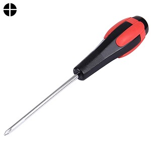 Phillips screwdriver with black and red handle for electronics repair and DIY projects.