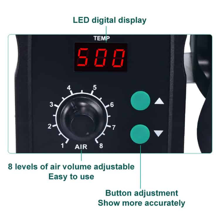 YIHUA 858D Hot Air Gun: Adjustable Temp, LED Display - Professional Crafting 3 Led Digital Display With Adjustable Air Volume Control For Efficient Operation, Featuring A Temperature Reading Of 500, Easy-To-Use Buttons For Precise Adjustments, Ideal For Industrial And Medical Equipment.
