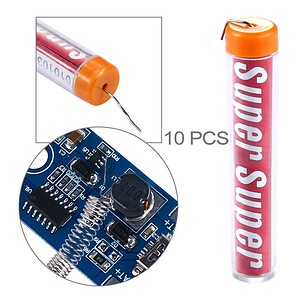 Miniature lithium battery with orange cap, electronic circuit board with components including resistor, capacitor, and integrated circuit, and a cylindrical battery with "Syndmart" branding.