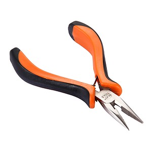 Orthopedic needle-nose pliers with ergonomic black and orange handle, precision-crafted for jewelry-making, electronics repair, and detailed craft work.