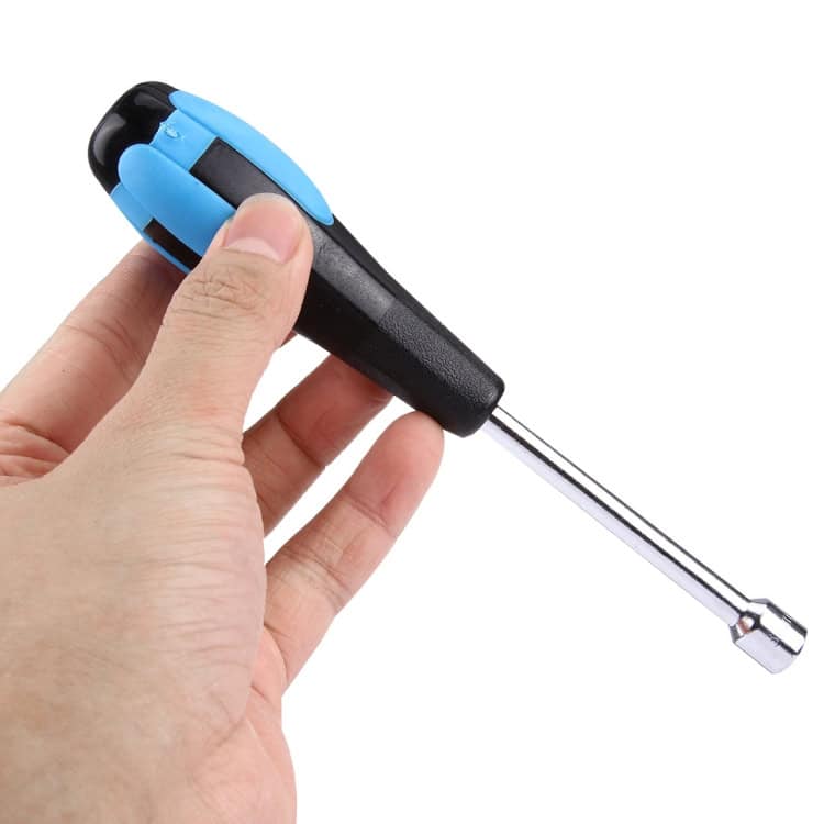 WLXY Precision 7mm Socket Head Screwdriver – Ultimate Tool for Precision Work 4 A Small Portable Led Flashlight With A Black And Blue Handle Being Held In Hand.